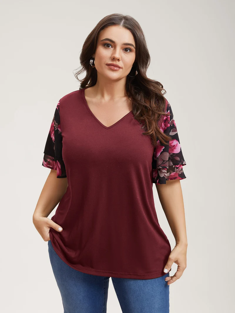 Stretchy Floral Lotus Sleeve V-Neck T-Shirt