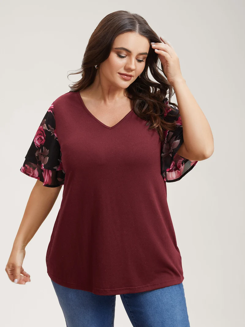 Stretchy Floral Lotus Sleeve V-Neck T-Shirt