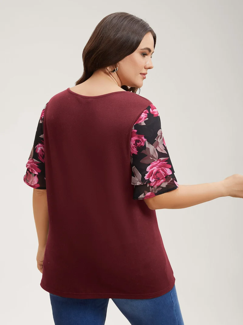 Stretchy Floral Lotus Sleeve V-Neck T-Shirt