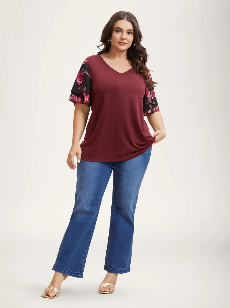 Stretchy Floral Lotus Sleeve V-Neck T-Shirt