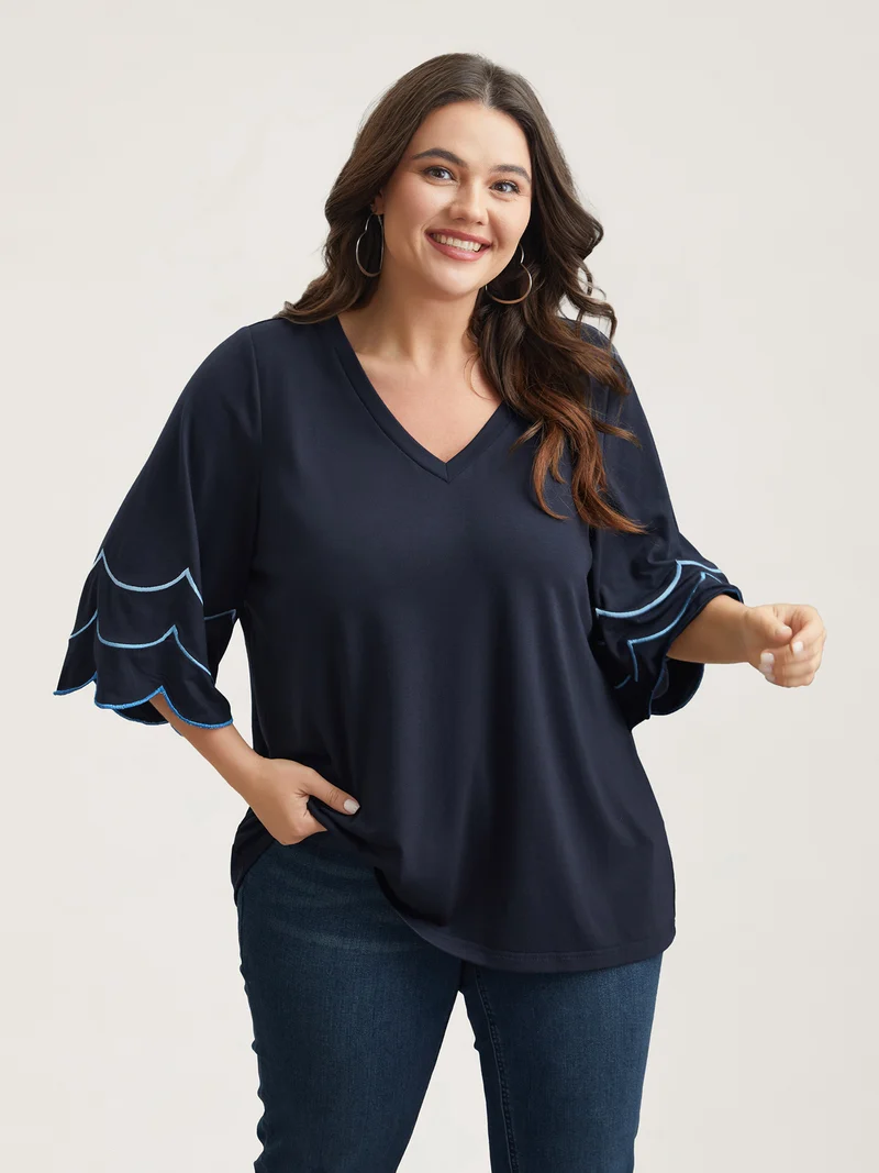 Embroidered Trumpet Sleeve V-Neck T-Shirt