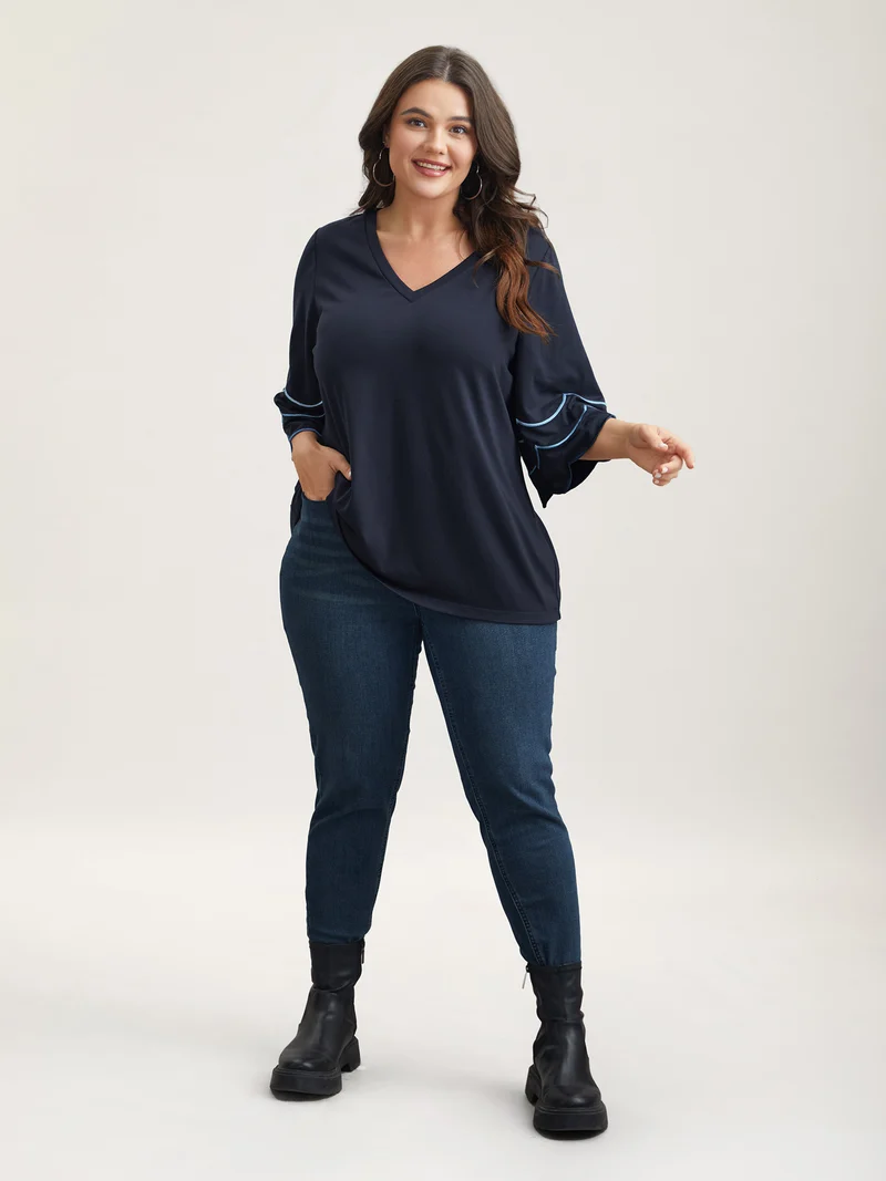 Embroidered Trumpet Sleeve V-Neck T-Shirt