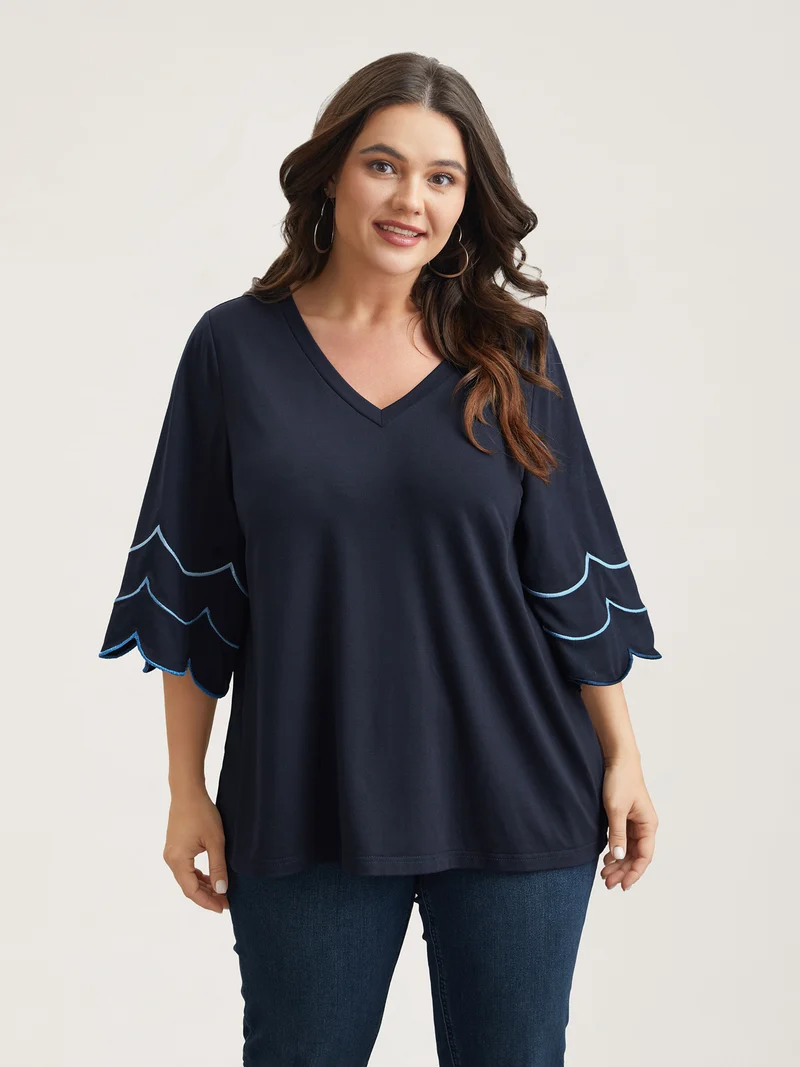 Embroidered Trumpet Sleeve V-Neck T-Shirt