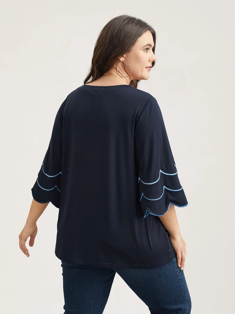 Embroidered Trumpet Sleeve V-Neck T-Shirt