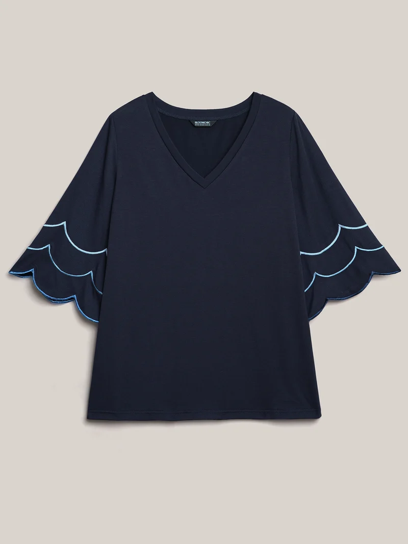 Embroidered Trumpet Sleeve V-Neck T-Shirt