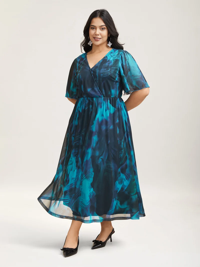 Floral Fusion Wrap Neck Midi Dress