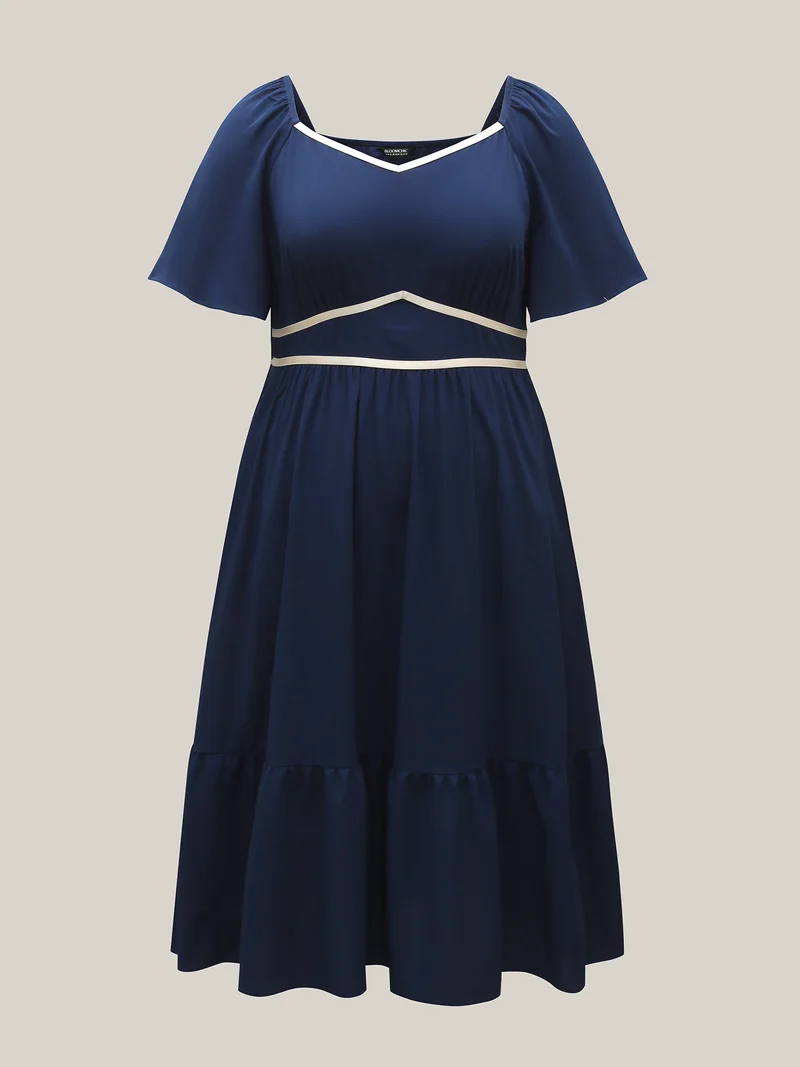 Textured Stretchy Waist Milkmaid Style Midi Dress