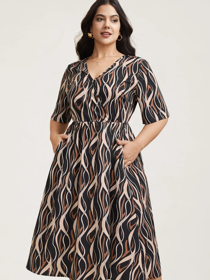 Abstract Print Surplice Neck Pockets Midi Dress