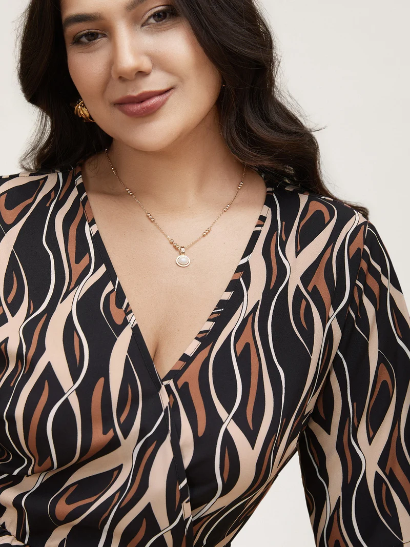 Abstract Print Surplice Neck Pockets Midi Dress