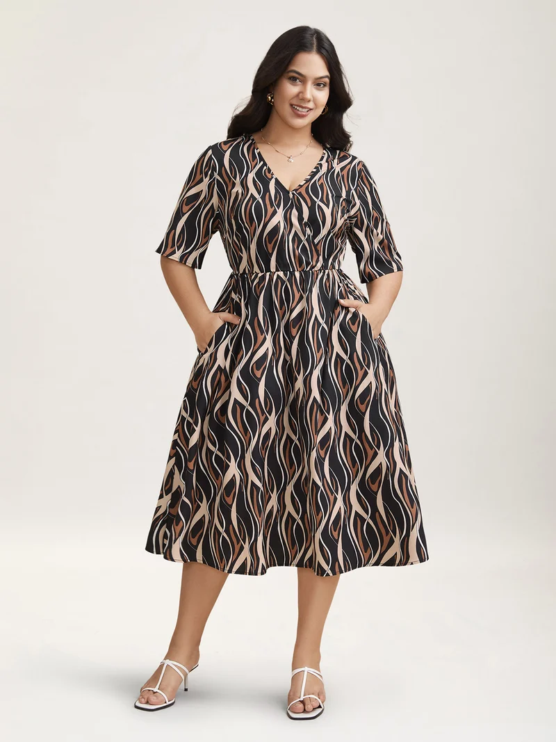 Abstract Print Surplice Neck Pockets Midi Dress