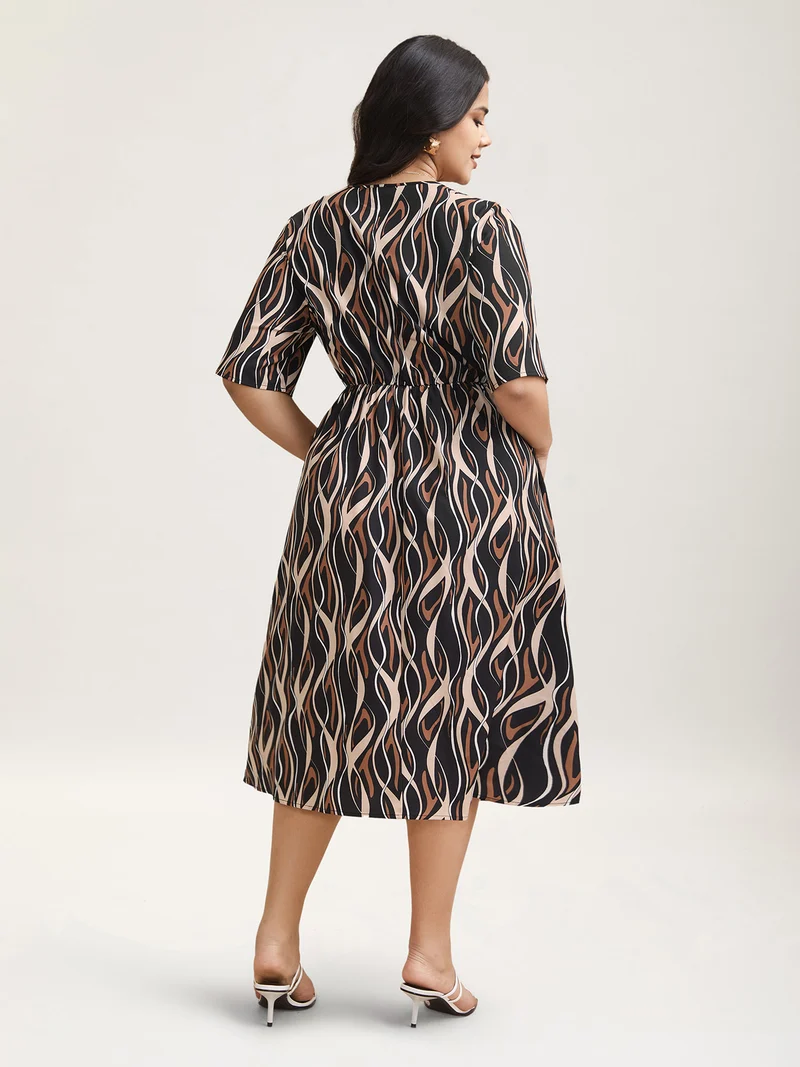 Abstract Print Surplice Neck Pockets Midi Dress