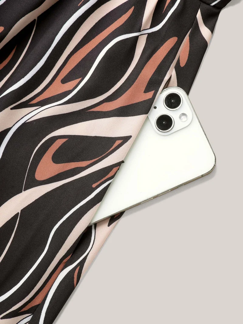 Abstract Print Surplice Neck Pockets Midi Dress
