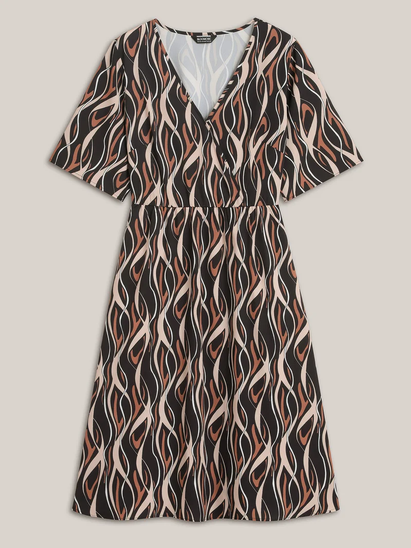 Abstract Print Surplice Neck Pockets Midi Dress