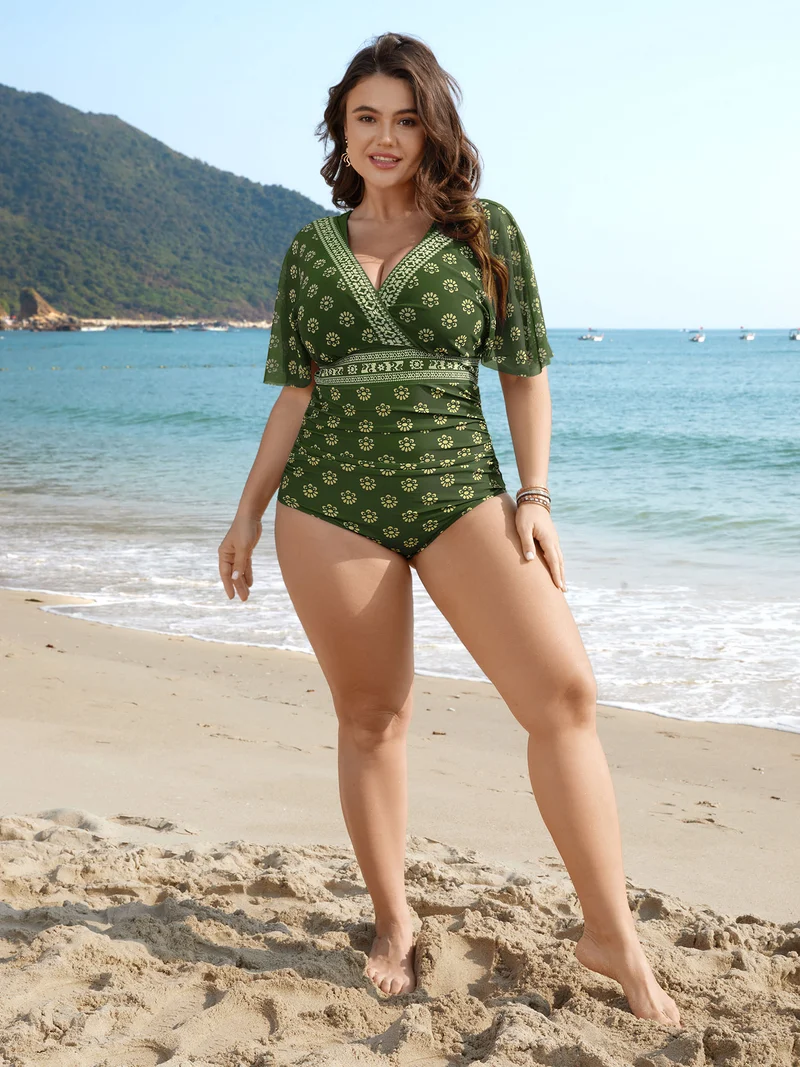 Boho Print Mesh Ruched Crisscross One-Piece Swimsuit