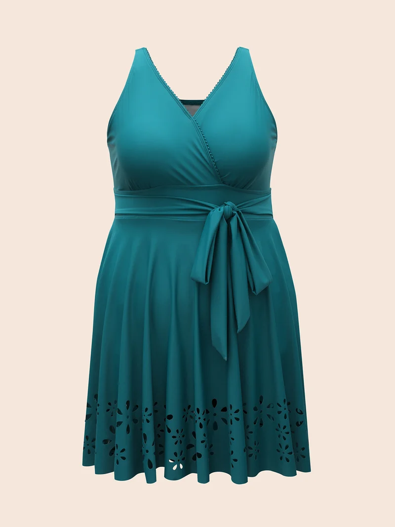 Surplice Neck Belted Laser Cut Swim Dress