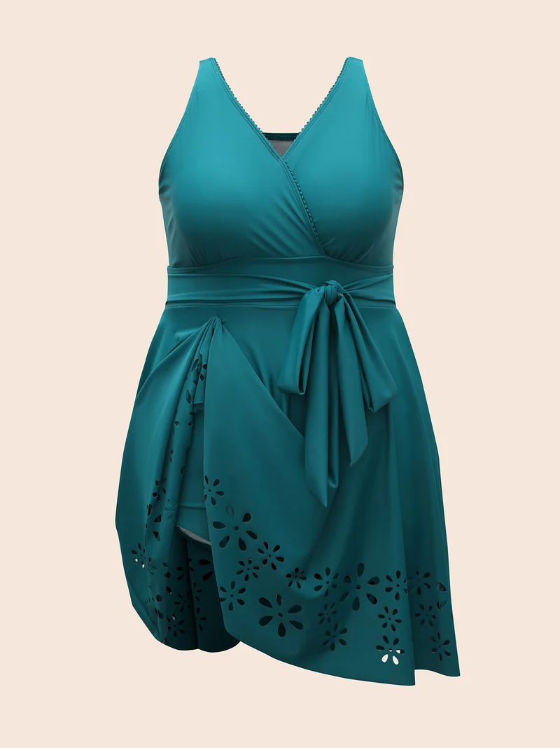 Surplice Neck Belted Laser Cut Swim Dress