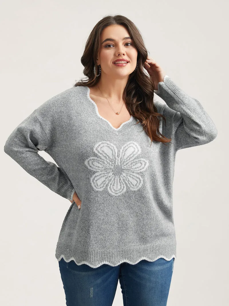 Floral Print Jacquard V-Neck Pullover
