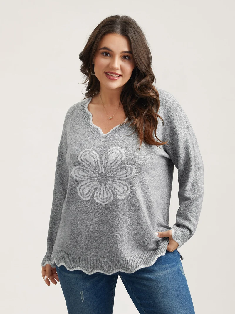 Floral Print Jacquard V-Neck Pullover
