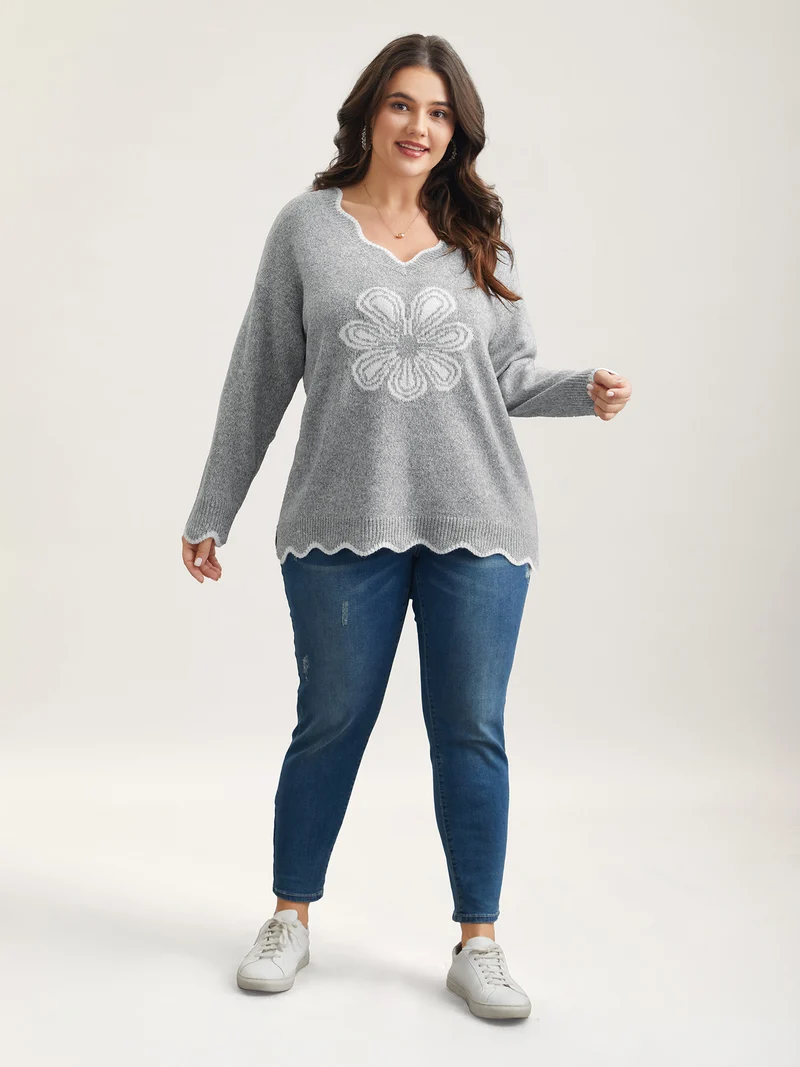 Floral Print Jacquard V-Neck Pullover