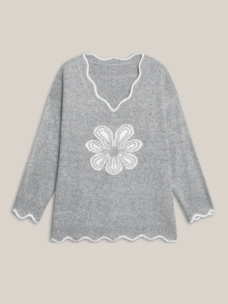 Floral Print Jacquard V-Neck Pullover