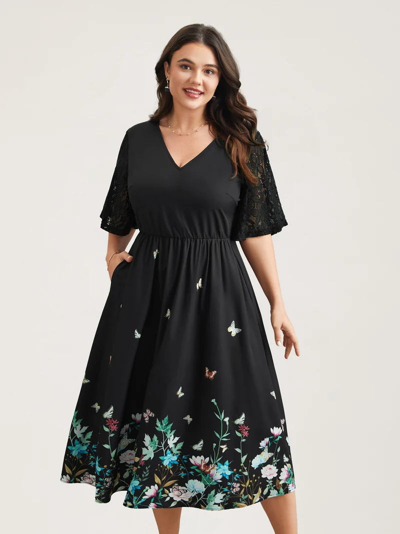 Gardenia Print Waist-Cinched Lace Midi Dress