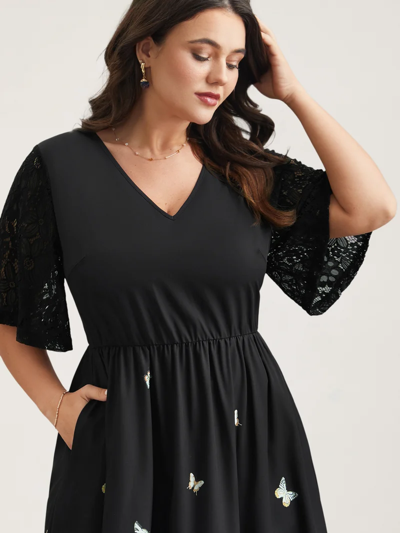 Gardenia Print Waist-Cinched Lace Midi Dress