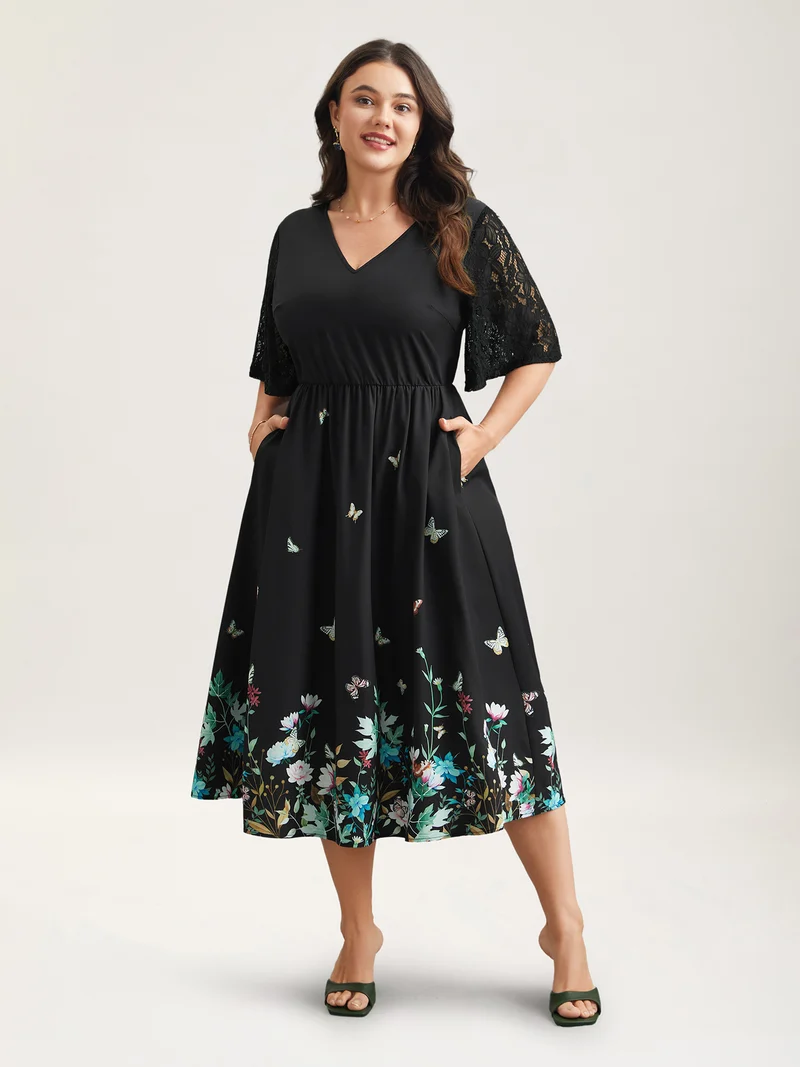 Gardenia Print Waist-Cinched Lace Midi Dress