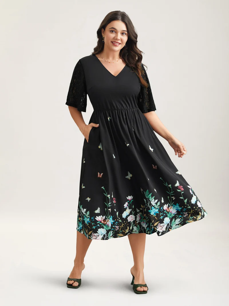 Gardenia Print Waist-Cinched Lace Midi Dress