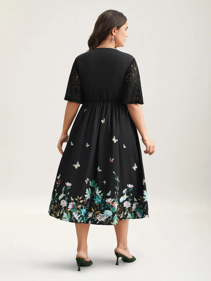 Gardenia Print Waist-Cinched Lace Midi Dress