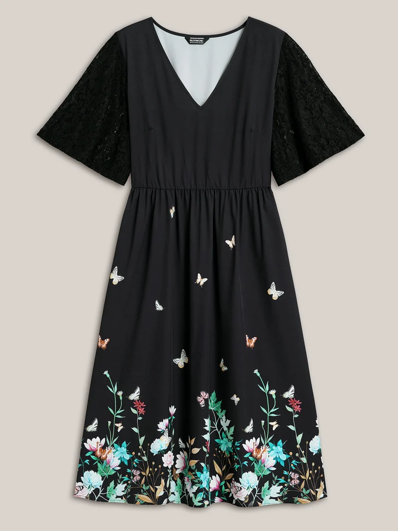 Gardenia Print Waist-Cinched Lace Midi Dress
