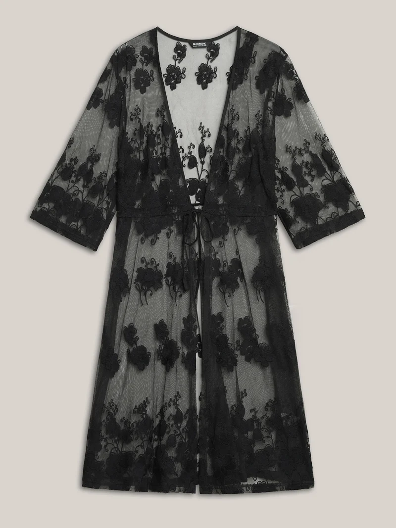 Sheer Lace Waist-Tie Kimono Cardigan