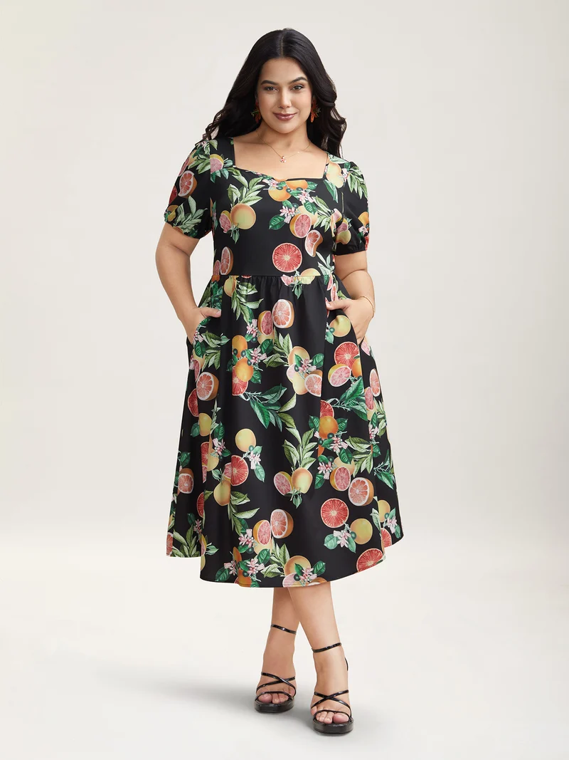 Fruits of Spring Puff Sleeve Midi Dress