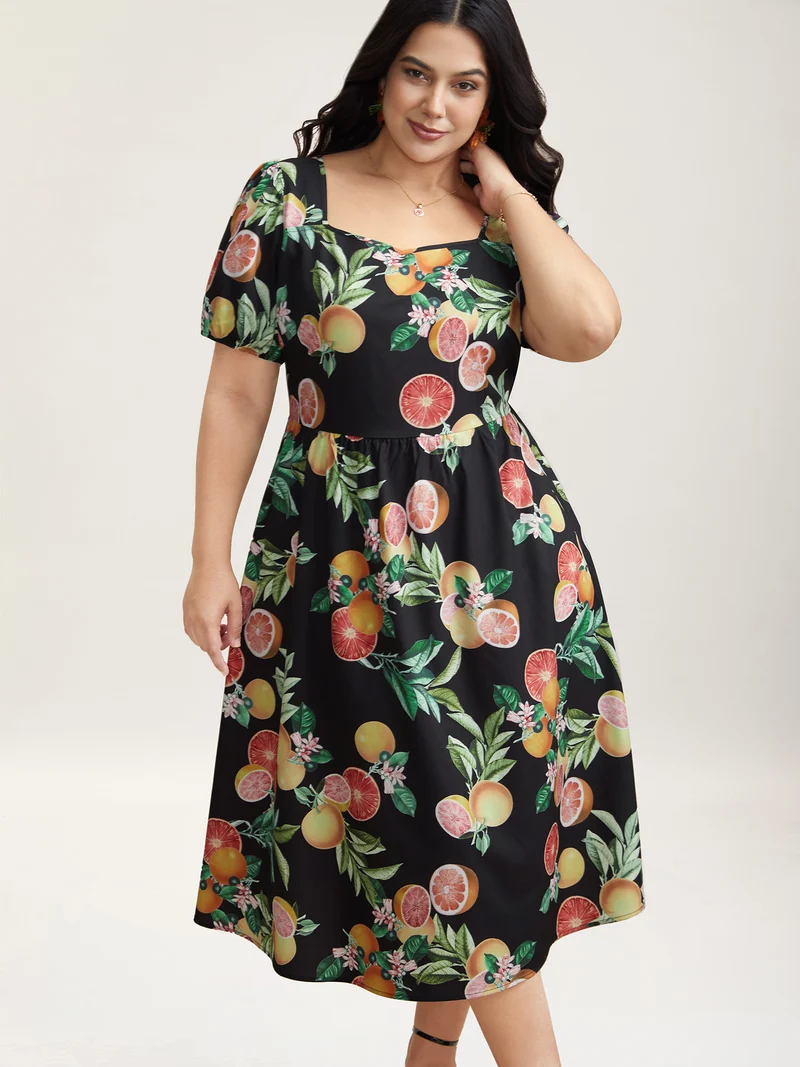 Fruits of Spring Puff Sleeve Midi Dress