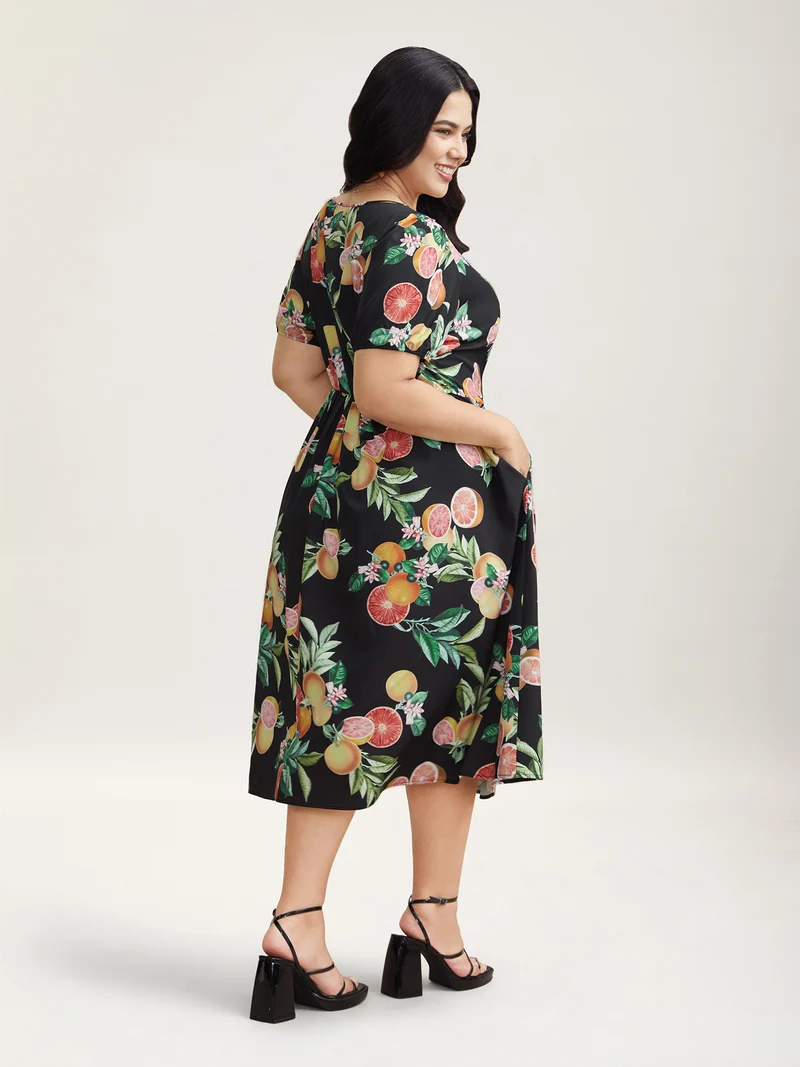 Fruits of Spring Puff Sleeve Midi Dress