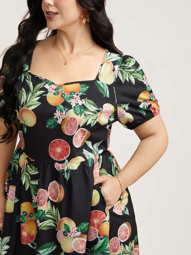 Fruits of Spring Puff Sleeve Midi Dress