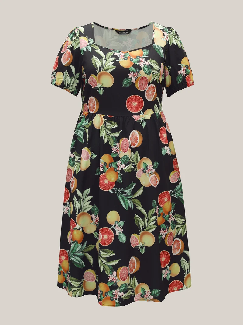 Fruits of Spring Puff Sleeve Midi Dress