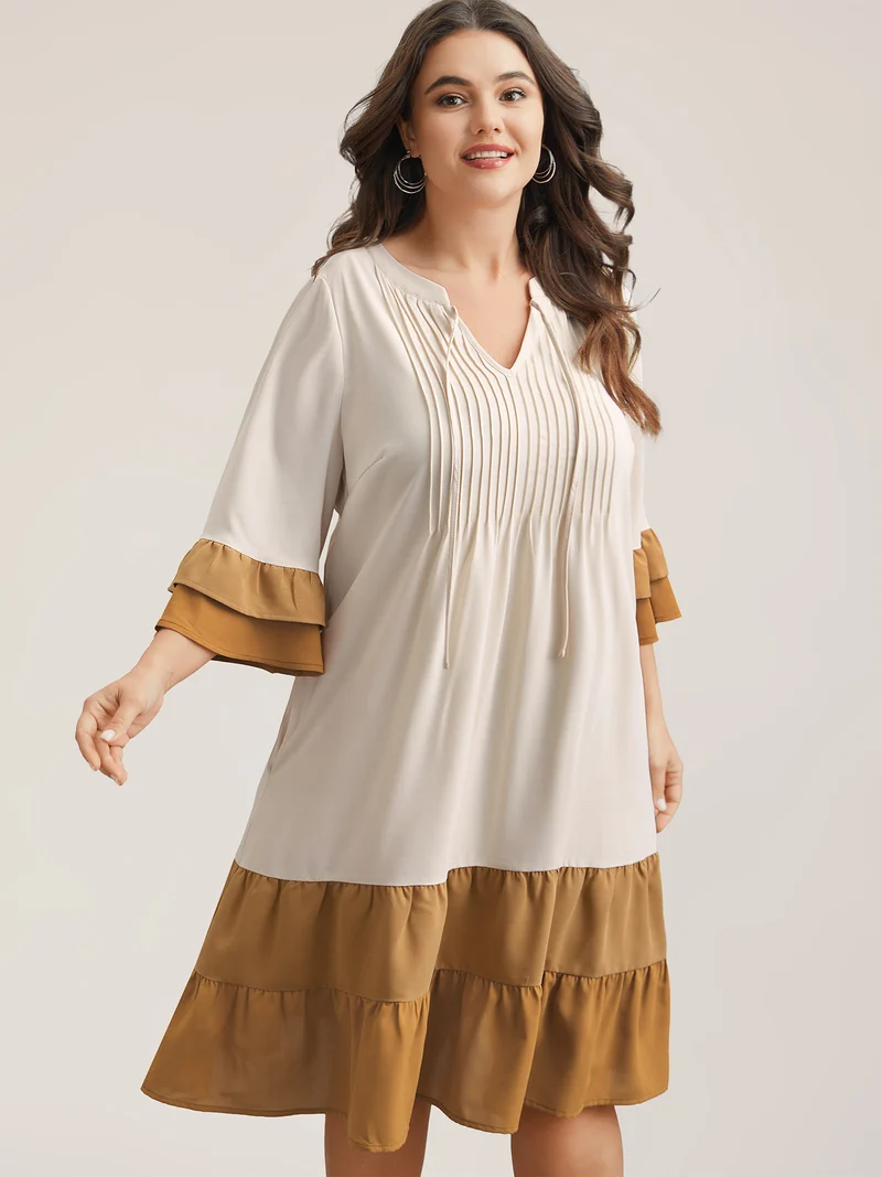 Color Block Neck-Tie Tiered Midi Dress