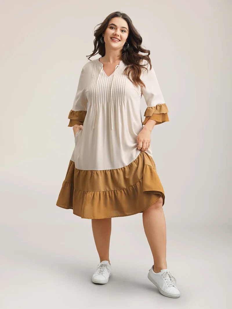 Color Block Neck-Tie Tiered Midi Dress