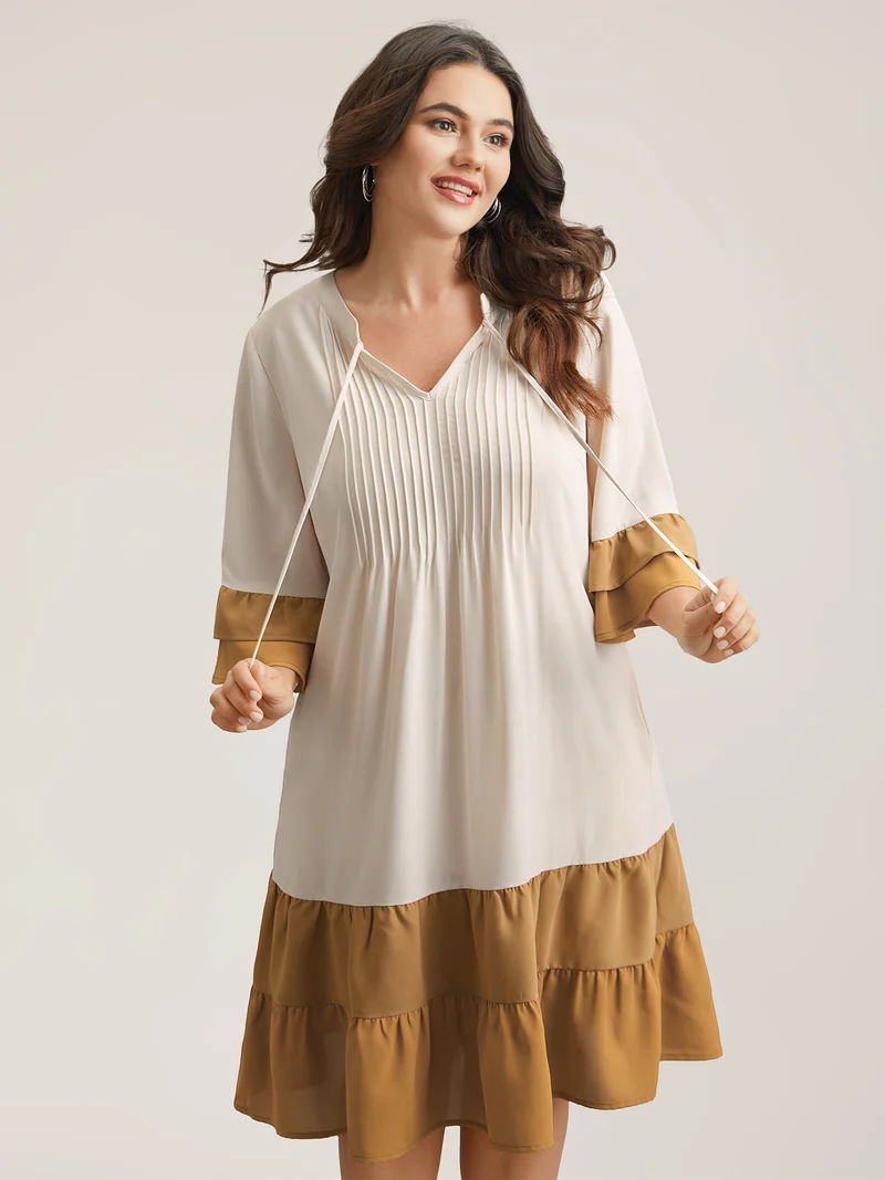 Color Block Neck-Tie Tiered Midi Dress