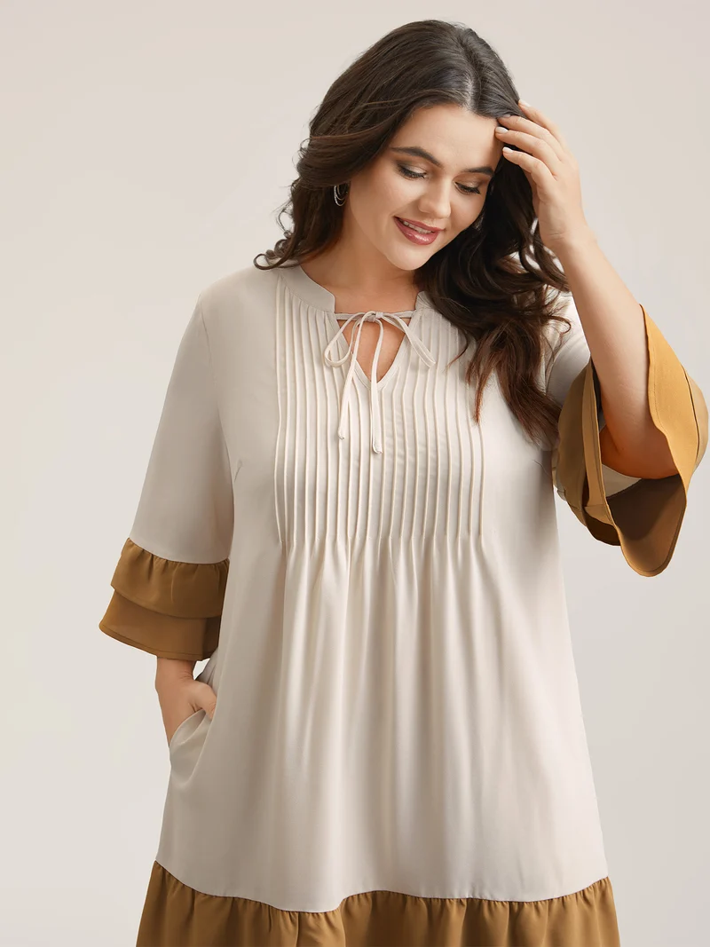 Color Block Neck-Tie Tiered Midi Dress