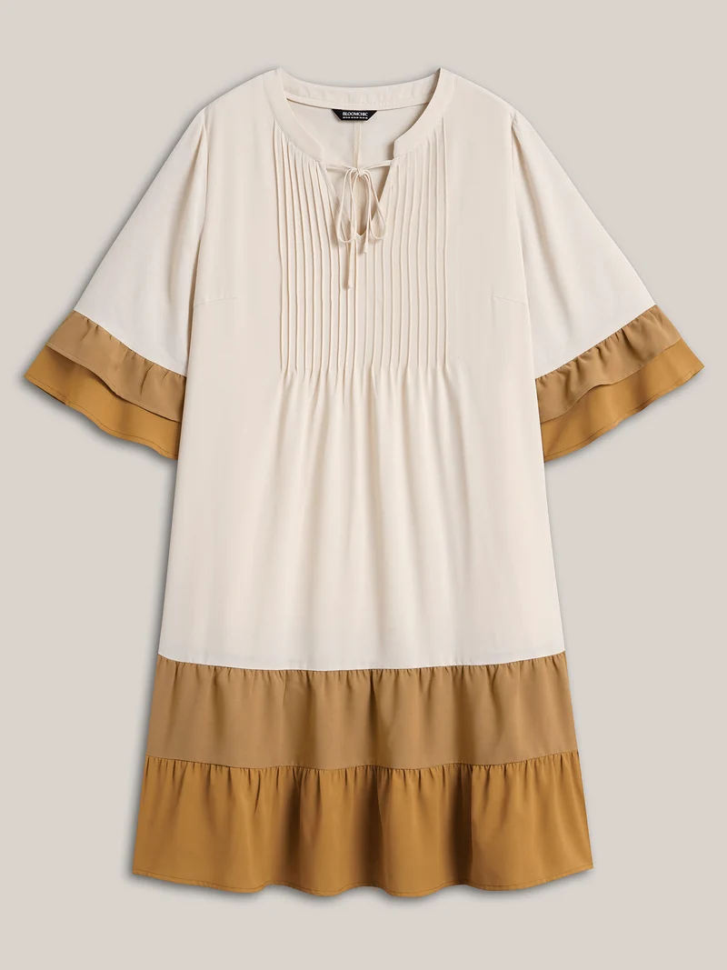 Color Block Neck-Tie Tiered Midi Dress