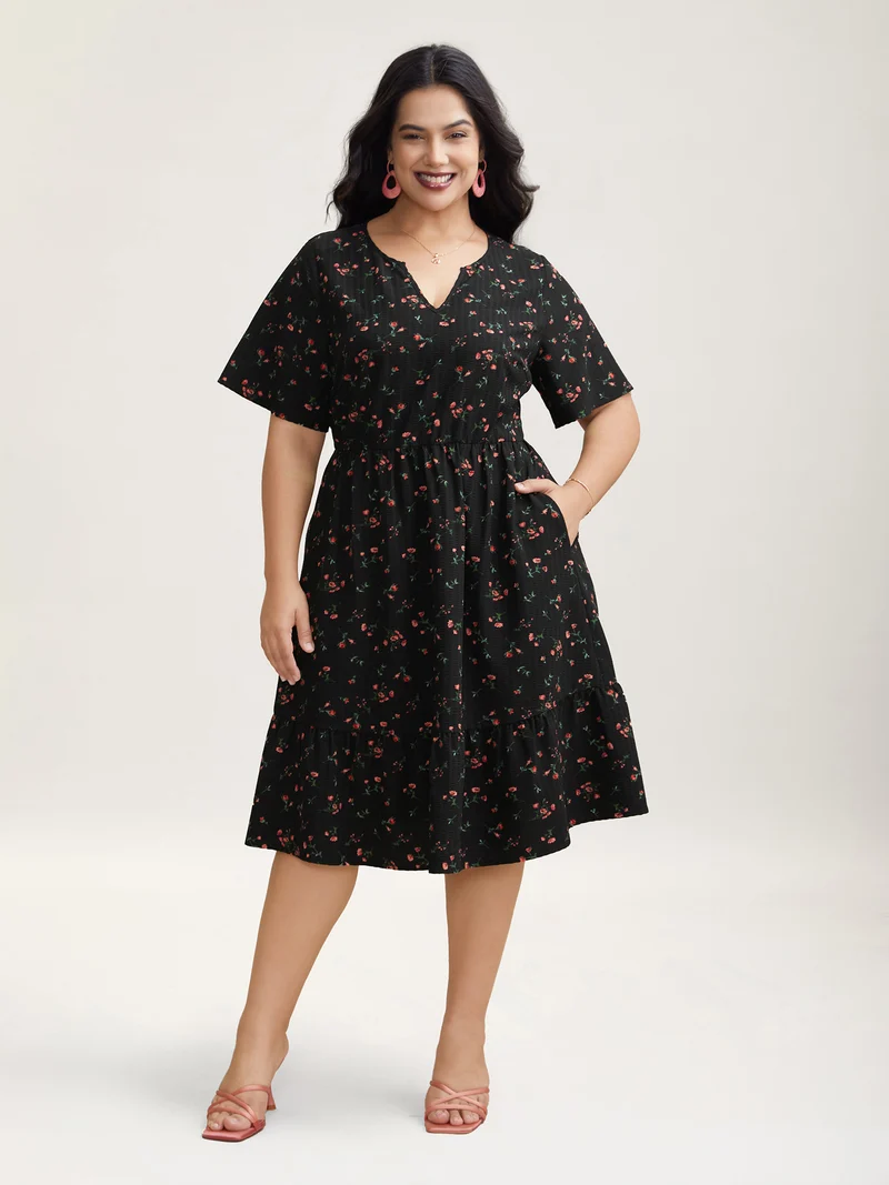 Floral Flared Sleeve Tiered Midi Dress