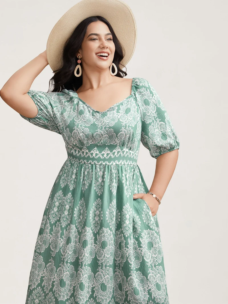 Boho Print Waist Defining Midi Dress