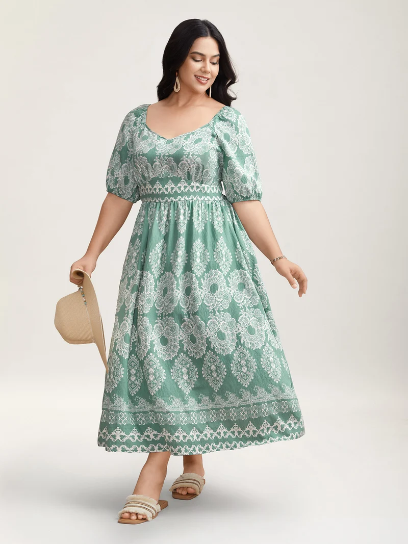 Boho Print Waist Defining Midi Dress