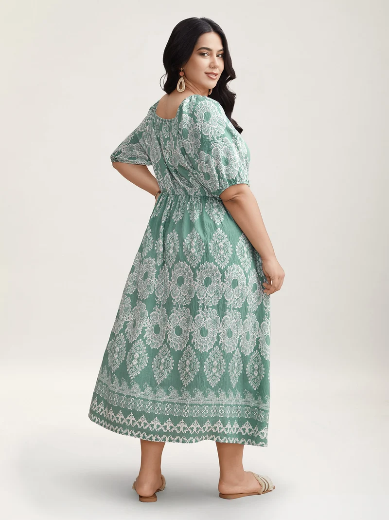 Boho Print Waist Defining Midi Dress