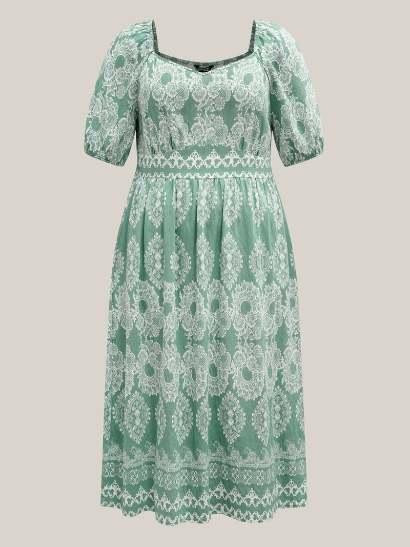 Boho Print Waist Defining Midi Dress