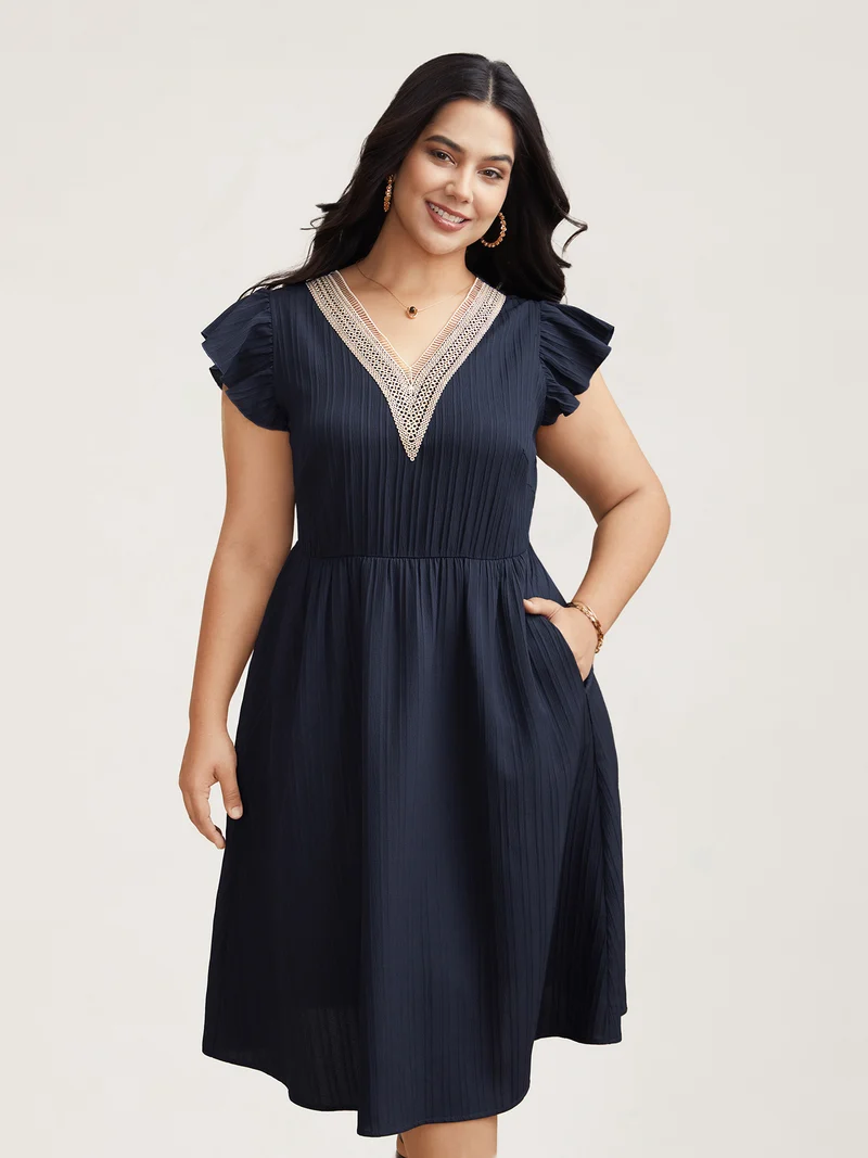 Textured Lace Neckline Ruffled Sleeve Dress