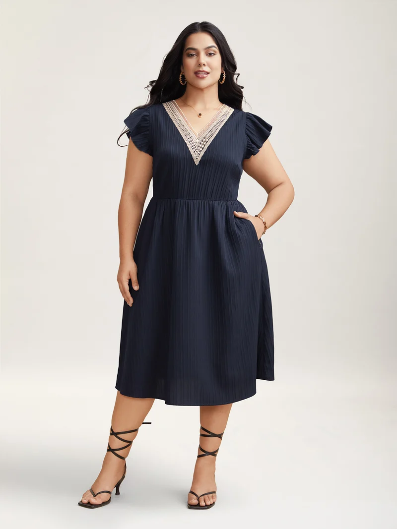 Textured Lace Neckline Ruffled Sleeve Dress