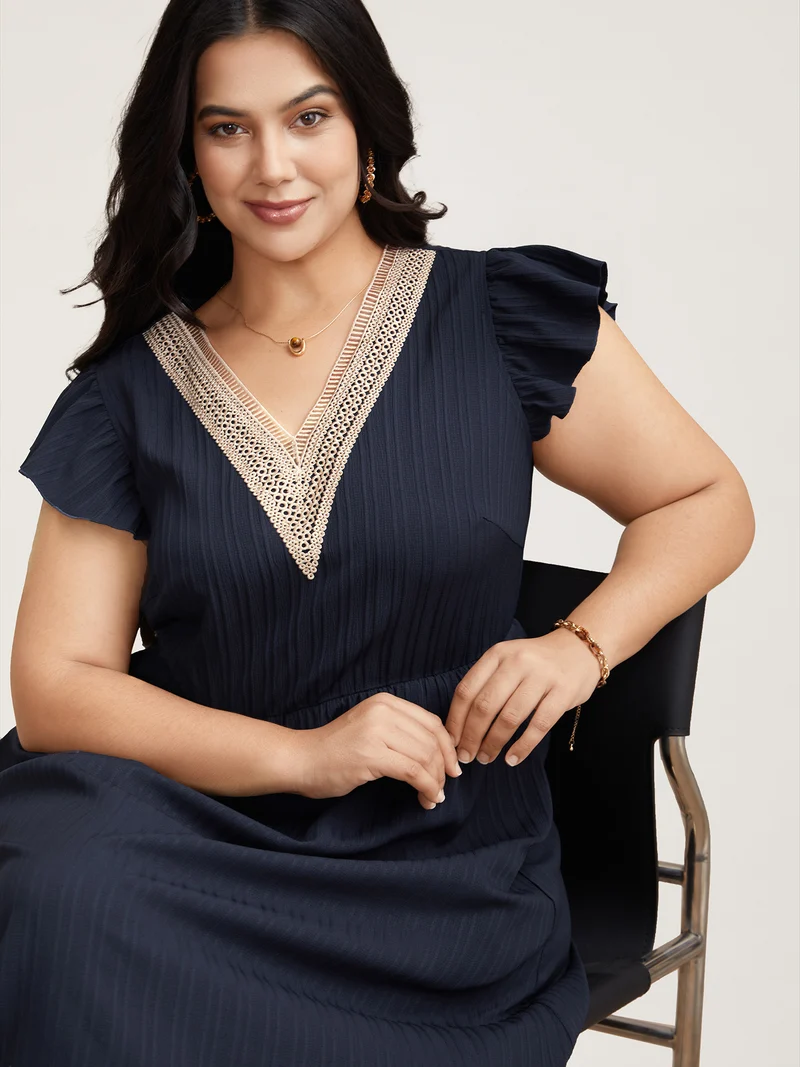 Textured Lace Neckline Ruffled Sleeve Dress