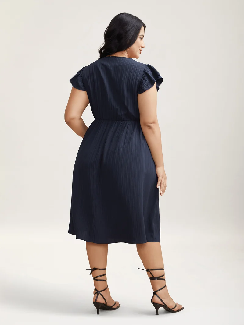 Textured Lace Neckline Ruffled Sleeve Dress